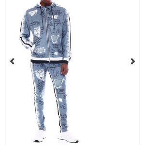 Distressed Graffiti Denim look Jogger Set NEW 2XL